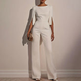Women's Elegant Round Neck Jumpsuit - Mid-Sleeve With Side Slit Cuffs & Pearl Accents, Back Zipper Design For Casual To Formal Events - kinko